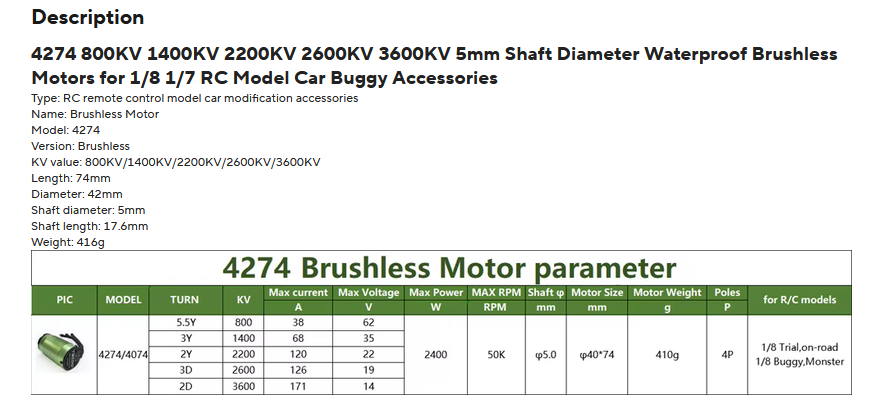 4274 2200KV 2600KV 5mm Shaft Diameter Brushless Motor for 1/8 1/7 RC