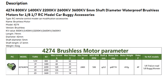 4274 2200KV 2600KV 5mm Shaft Diameter Brushless Motor for 1/8 1/7 RC