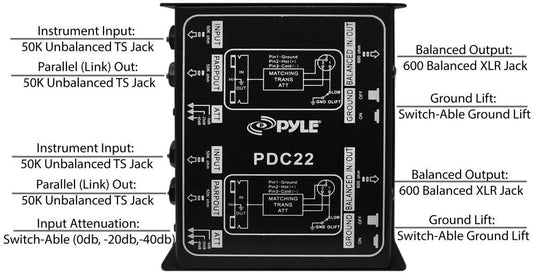 Pyle-Pro Dual 1/4-Inch Instrument to Balanced and Unbalanced, 1/4-Inch/XLR Direct Box PDC22