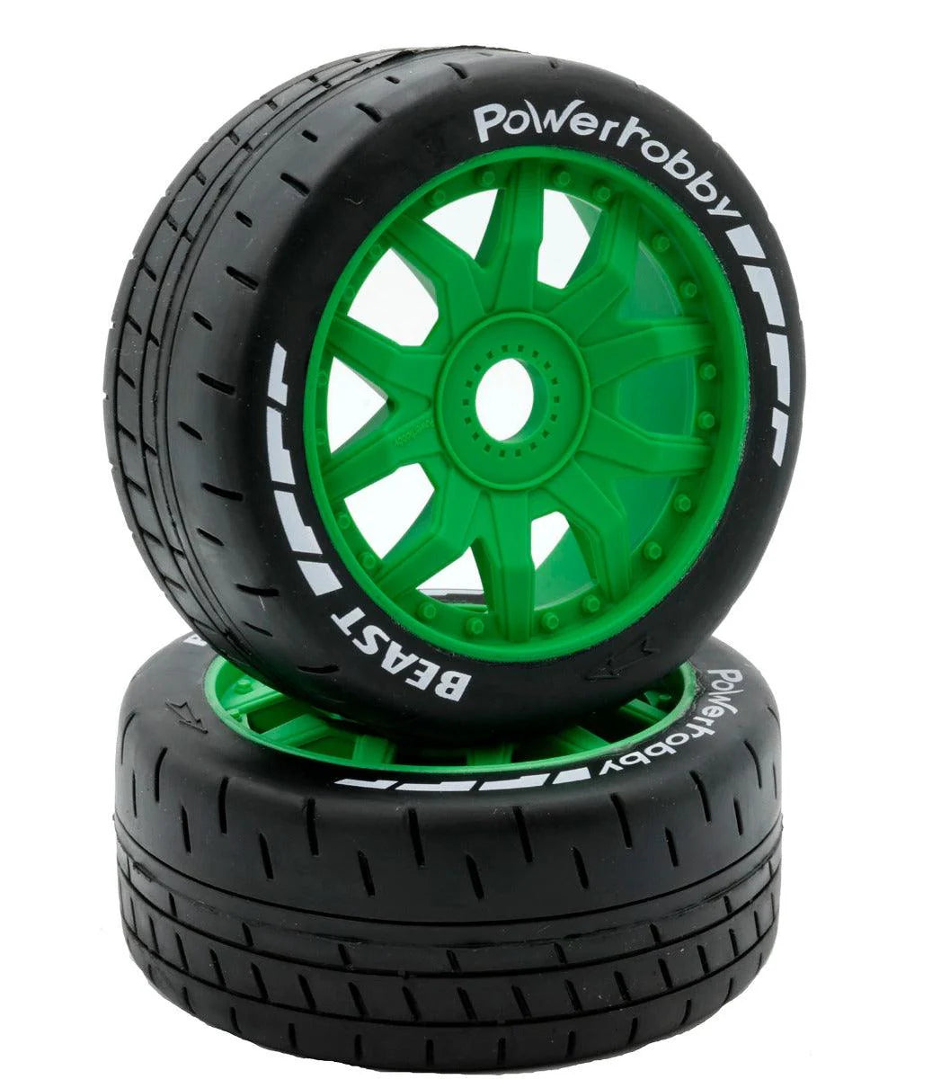 Powerhobby 1/8 GT Beast Belted Mounted Tires 17mm Green