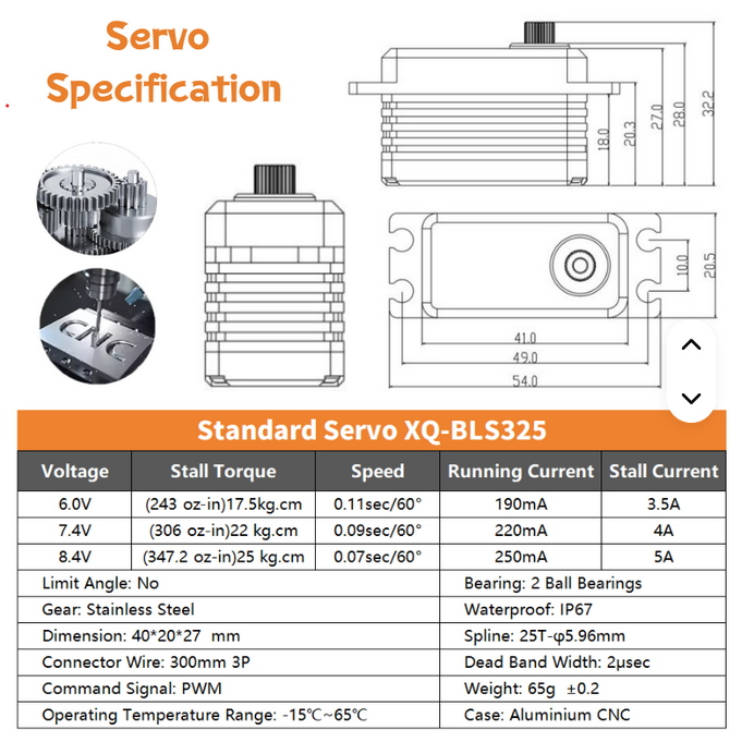XQ-Power 25Kg Servo 0.07sec Low-profile Brushless Servo