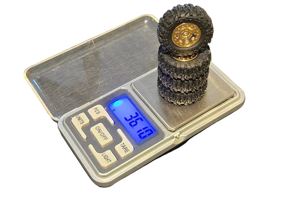 SCX30 Weighted Brass Wheels and Tires. 4 pcs 9g/tire